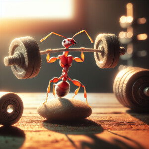 A muscular red ant showcasing its strength by lifting weights