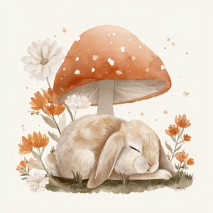 Cute fluffy rabbit sleeping peacefully under large spotted mushr...