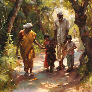 Indian  2024 grandparents and kids going for walk in park in Ker...