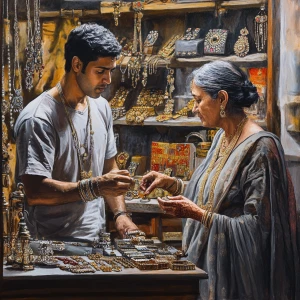 Realism art 1:1,A muscular, perspiring man is in a Jaipur jewelr...