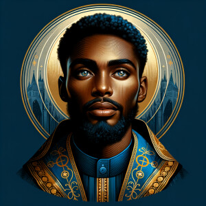 Create a beautiful African-American Jesus Christ with Hazel, brown eyes and blue and gold robe