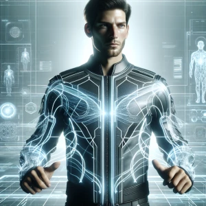 A confident man in a sleek, futuristic jacket with glowing lines tracing his shoulders and arms. His face is partially illuminated by the soft light of holographic displays floating in the air around him, and his expression is both calm and resolute. The background shows hints of a neon-lit cityscape, with abstract, glowing shapes framing his figure