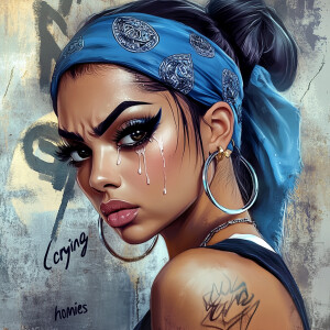 Create an image featuring a Latina woman with a " crying" makeup...