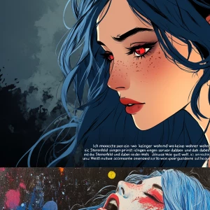 A woman with long blue hair and red eyes singing "Ich möchte sin...