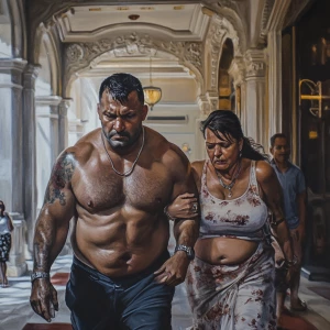 Hyperrealistic painting 1:1.A sweaty beefy muscular man criminal...