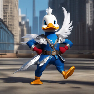 An anthropomorphic duck with white feathers dressed in a fitted...