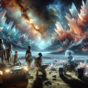 A vast alien landscape with strange crystalline formations reflecting the light of a nearby nebula. In the foreground, a group of astronauts stands beside a futuristic rover, examining an ancient alien artifact half-buried in the ground.