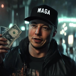 Elon Musk,throwing money at people, black "MAGA" ball cap, GTA s...