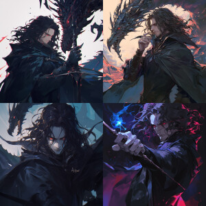 Auror, tall, mysterious look, long black shiny cloak, long black...