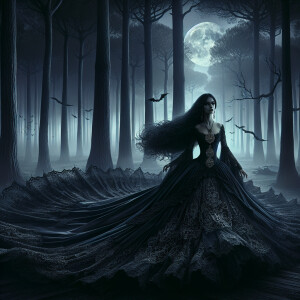 In a moonlit, mist-covered forest, a solitary figure emerges fro...