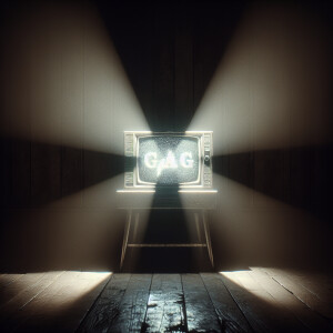 Eerie scene of a tube tv with the word “GAG” on the screen