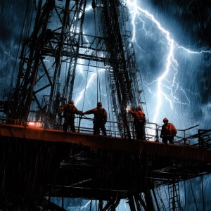 Texas oil rig workers working on the rig during a lightning stor...