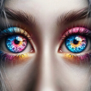 multicolored eyes, prominently featuring shades of blue, pink, a...