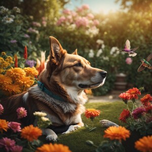 Depict a dog resting in a garden while a hummingbird flits aroun...