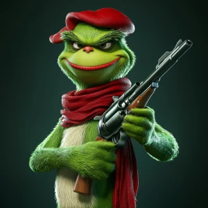 Grinch with a gun in his hands as a bandit. Use carton style. ma...