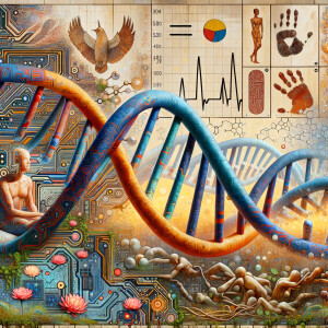 circuitry, diagrams Cellular structures, DNA, circuit boards, colorful wires,  asian and Egyptian  graffiti, lie detector graphs, cardio, printout , branches infinity sign, cave, Art, handprints, distant birds flying, flowering vines, abstract gestural painting, dna