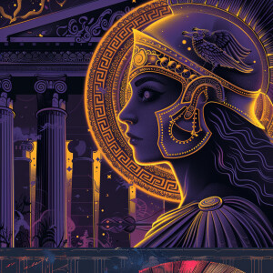 ethereal vector portrait, Athena emerges from a swirling spiral...