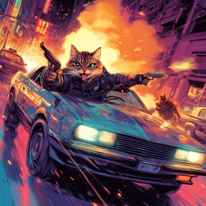 A humanoid street cat in a leather jacket driving a muscle car w...