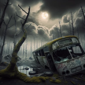 A desolate scene featuring an overturned, moss-covered bus lying beside a skeletal forest. The bus’s broken windows reveal faint traces of past graffiti, while the leafless trees stretch toward a dim, cloud-obscured sun