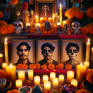 Dias de los muertos alter with  3 framed pictures and candles