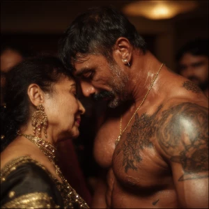 Realism,--v6.a muscular beefy sweaty tattoed indian man enjoying...