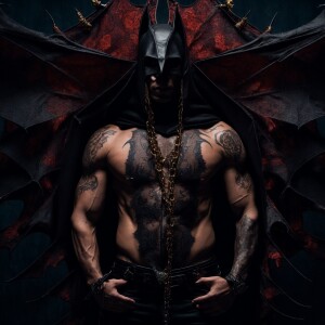 intricately detailed macabre demonic Anthropomorphic Bat/man, he...