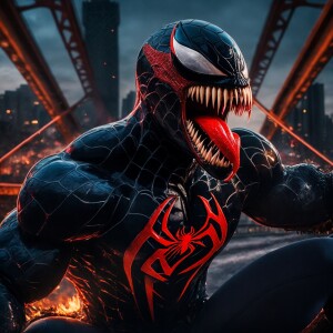 8k resolution up close image of venom with  red teeth biting a f...