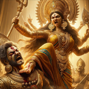 portrait of angry looking goddess durga pinning a weak mahishasur to the ground with her foot and stabbing him with her amazingly long fingernails. She is wearing gold armor, a huge gold crown, gold saree, abundant  gold jewelry, covered in blood. The scene is set in ancient India. The image is 8K resolution, photography, cinematic, ultra detailed face and epic