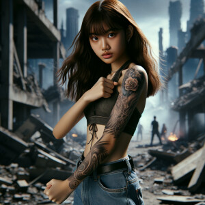 Thin Asian teen girl wearing tight jeans and a halter top Long brown hair and bangs, tattoos on her arms, athletic heroic pose