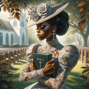 Render an airbrush oil painting of an African American woman with flawless makeup in a
contemplative pose, holding a Bible close to her heart, dressed in an elegant Sunday Best
outfit with a distinctive Church Hat. The background features a peaceful church garden,
with light filtering through the trees, highlighting her spiritual connection and the personal
moment of reflection. The artwork should capture the tranquility of the scene, the beauty
of her attire, and the depth of her contemplation, reflecting a serene and spiritually