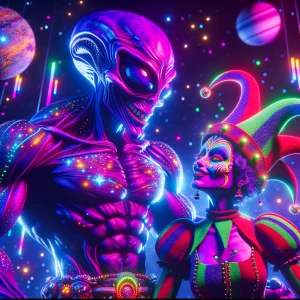 Thanos and Harley Quinn look at each other loving, ultra-detaile...