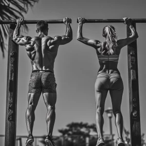 Two athletes, a man and a woman, performing pull-ups on adjacent...