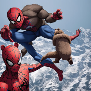 spiderman vs bear met at the top of the mountain