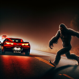A humanoid Bigfoot in mid-sprint pursuing a man driving a Corvet...