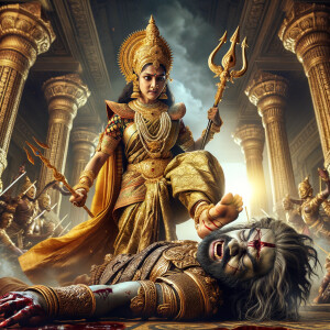 photograph of angry looking, indian goddess trampling a defeated mahishasur with her foot, while he is lying on the ground, she has a trident in her hand. She is wearing gold armor, a huge gold crown, gold saree, abundant  gold jewelry, covered in blood. The scene is set in ancient India. The image is 8K resolution, cinematic, photography, ultra detailed face and epic.