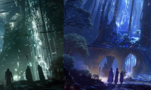 A cinematic, awe-inspiring alien forest cathedral, viewed from a...