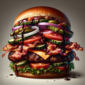 A thick juicy hamburger topped with bacon, lettuce, tomatoes, on...