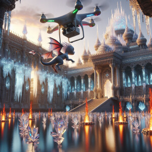 Drone footage, A masterpiece crystal palace, fountains of fire,...