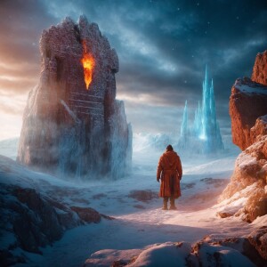 A colossal ice giant with intricate crystalline patterns, toweri...