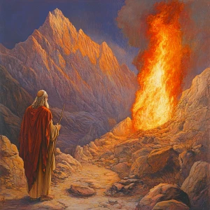 Illustrate the biblical scene where Moses encounters the burning...
