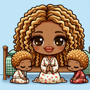 Whimsical chibi of African American women full lips and long cu...