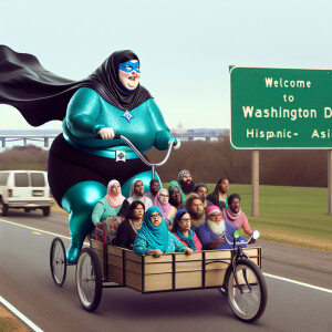 Create an image of large size woman riding a tricycle in her tur...