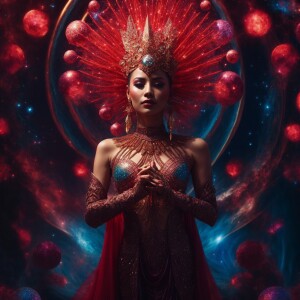 A regal alien queen with pearlescent white and fiery red hues, a...