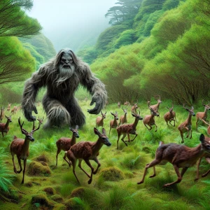 A humanoid looking evil sasquatch hair covered and chasing deer...