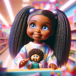 Create a 3-D realistic image of an African-American little girl above the age of five she has huge, blue eyes and thick long ponytails.
She is in a toy store and she is playing with her favorite african-American Cabbage Patch doll , the doll has deep, dimples and freckles