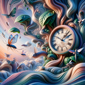 A surrealist image of a dreamscape where clocks melt over tree b...