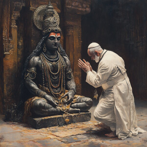 A Pope on his knees worshipping at a statue of Shiva