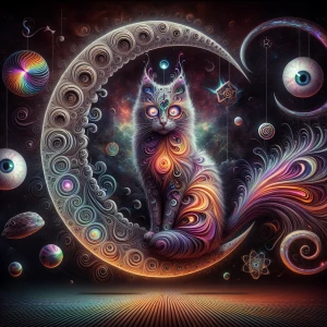 A surreal, ultra-detailed digital painting of a mysterious cat w...