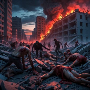 Apocalyptic natural disaster strikes a crumbling city at twiligh...