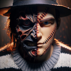vivid intricate details of a 3D face one side is freddy Kruger a...
